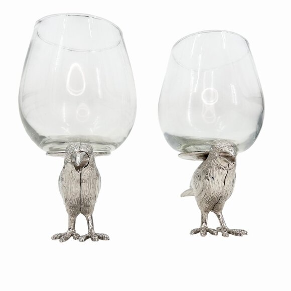 NWOT SILVER METAL RAVEN CROW 2 STEMLESS WINE GLASSES EDGAR ALLAN POE HALLOWEEN - Picture 2 of 6